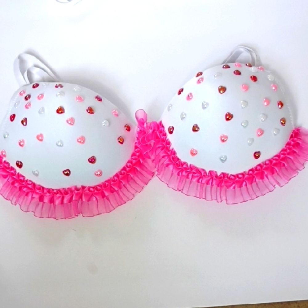 White and Pink Heart Embellished Bra